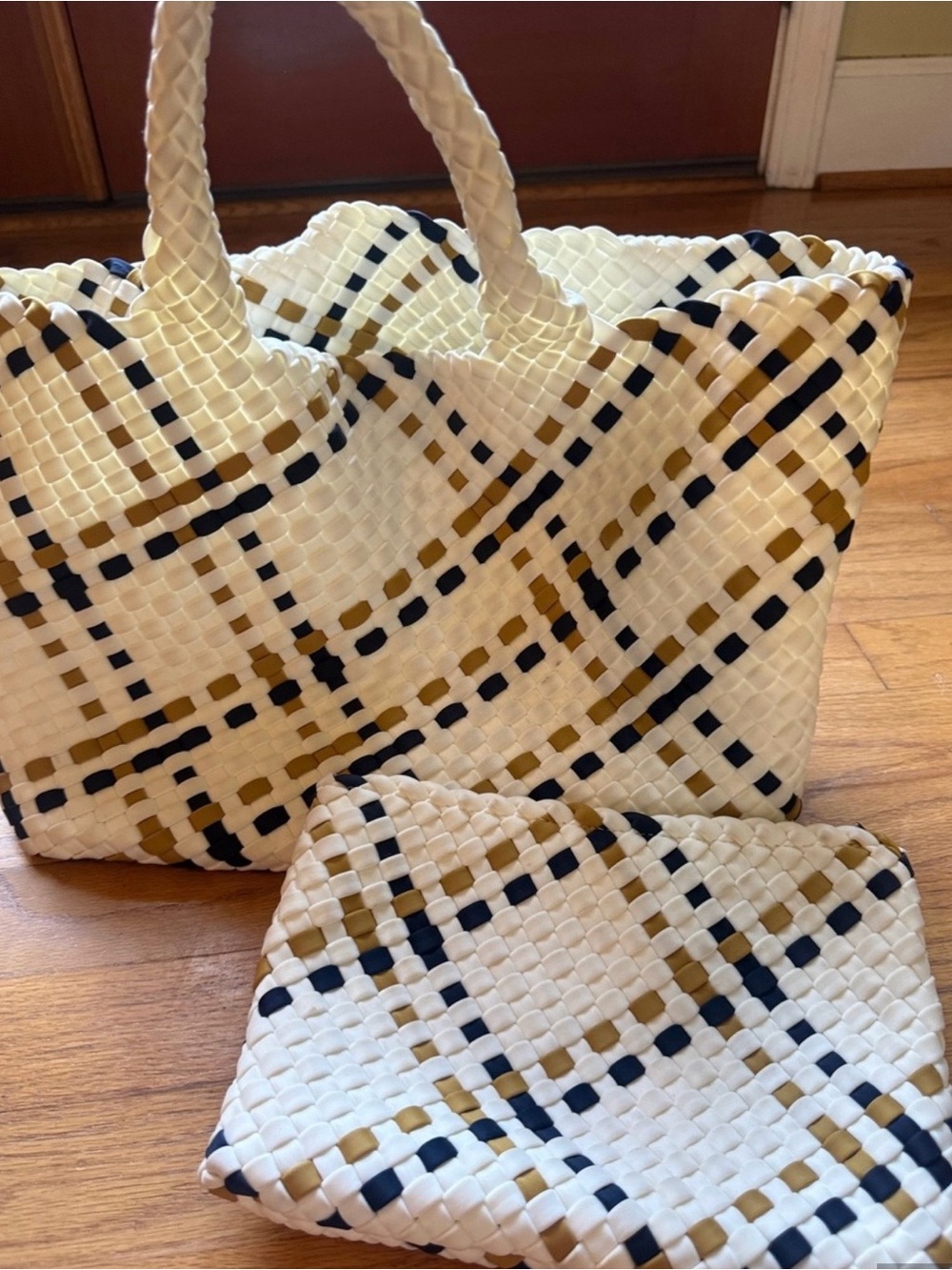 Naghedi White Woven Tote with Navy & Gold Plaid